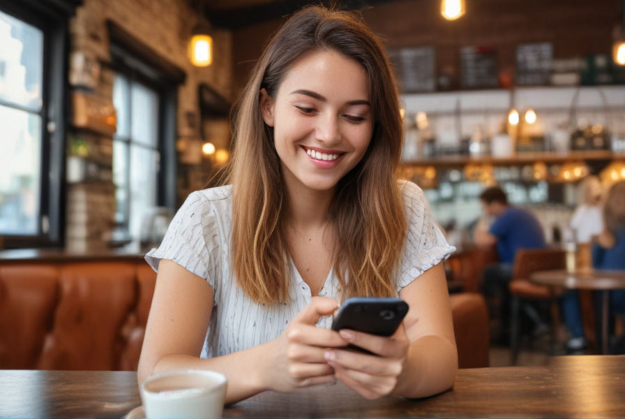 A young investor checks her phone, smiling at a surge of Facebook likes on her crypto investment post.